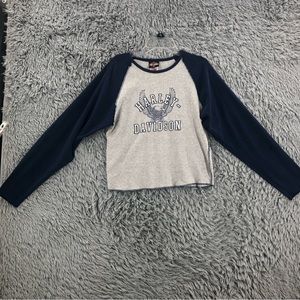 Harley Davidson Shirt Womens XL Long Sleeve Gray Blue Eagle Spellout Logo